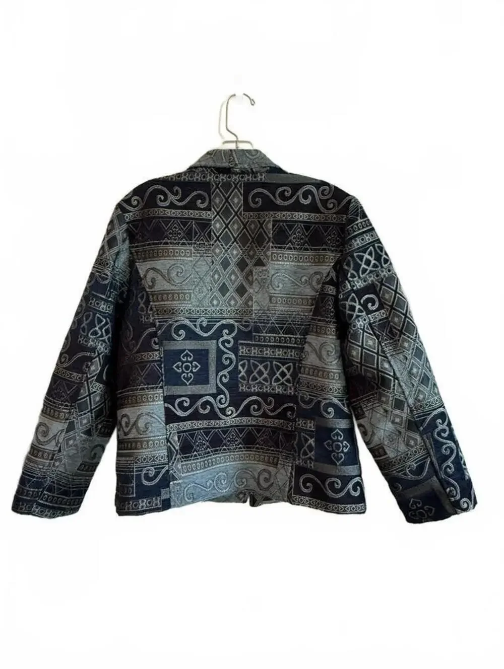 Christopher & Banks XL Tapestry Jacket Blue Geometric Patchwork Art to Wear